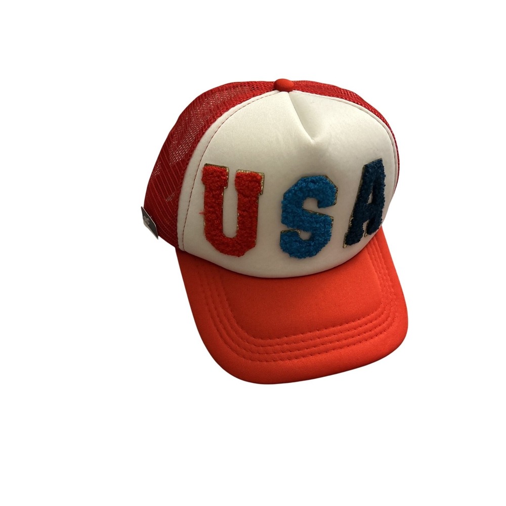 Vintage USA Trucker Hat Mens OSFM Red White Blue Excellent Chenille Patch Cap - Picture 2 of 8